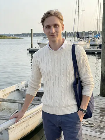 Chad, AI character: a small marina on Long Island Sound in Greenwich, standing beside his beat-up white dinghy after an…