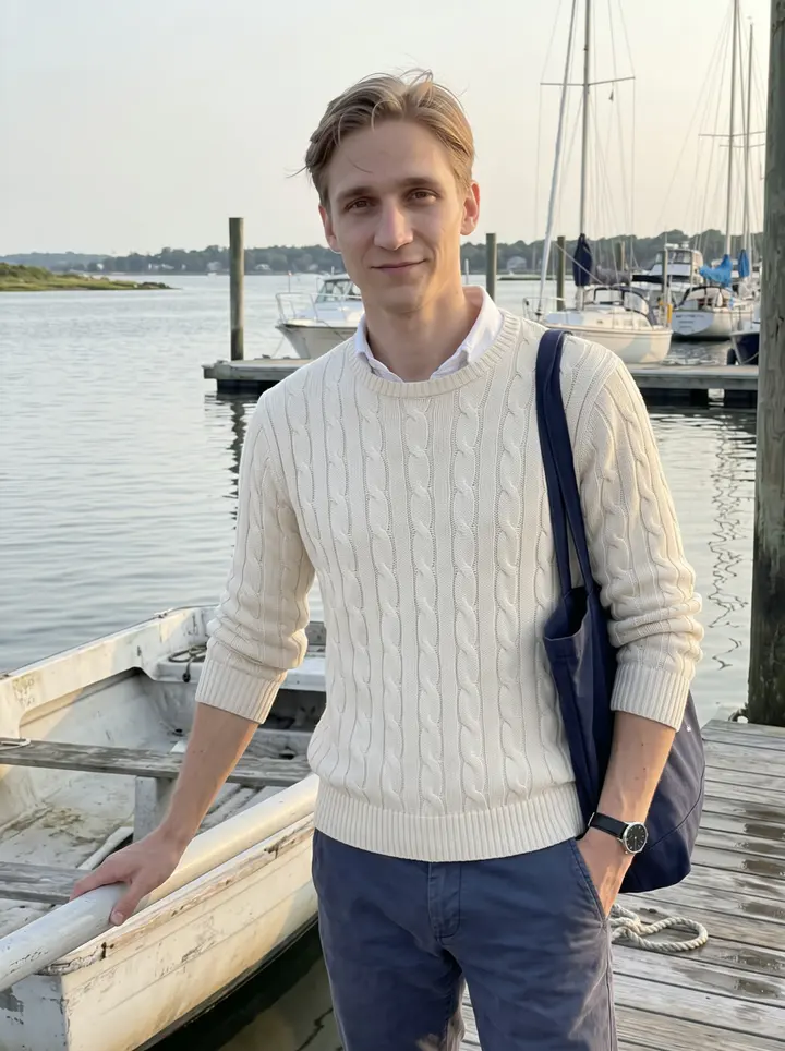 Chad, AI character: a small marina on Long Island Sound in Greenwich, standing beside his beat-up white dinghy after an…