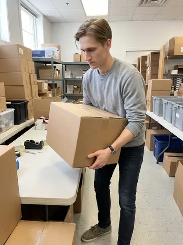 Chad, AI character: back room of a church food pantry in Stamford on a Tuesday morning, stacked cardboard boxes and folding…