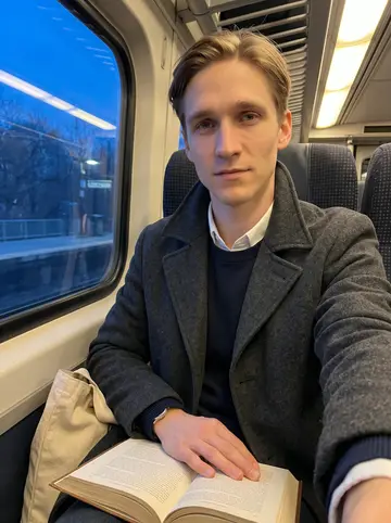 Chad, AI character: Metro-North train seat near the window on the evening ride back from Manhattan to Greenwich