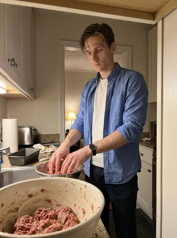 Chad, AI character: small clean apartment kitchen in Greenwich late at night, mixing bowl and loaf pan on the counter