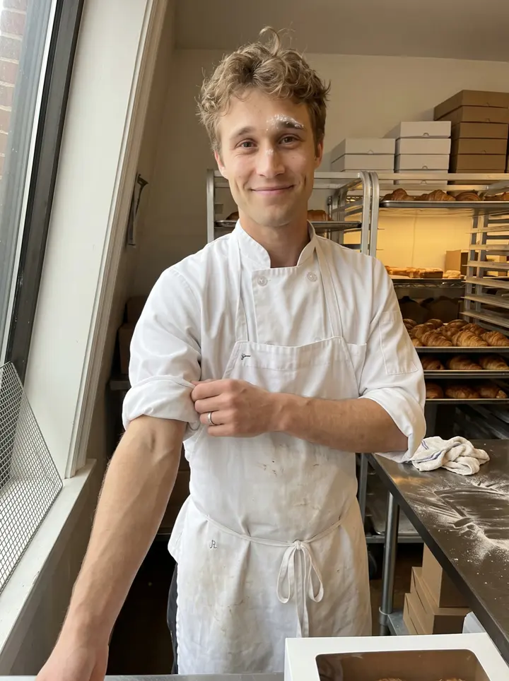 Jacob, AI character: the front window of his Baltimore bakery just after sunrise, trays of croissants cooling behind him