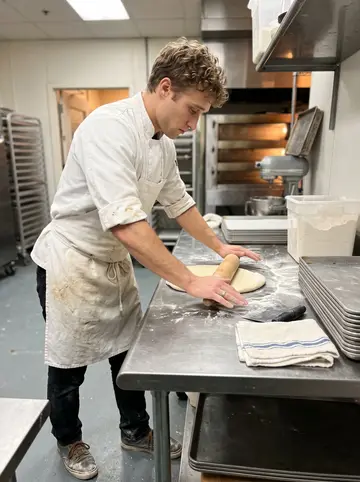 Jacob, AI character: the bakery prep room in Baltimore at 4am, stainless table dusted with flour and stacked sheet pans