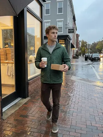Jacob, AI character: a wet Baltimore sidewalk outside the bakery, rowhouse windows reflecting in the pavement
