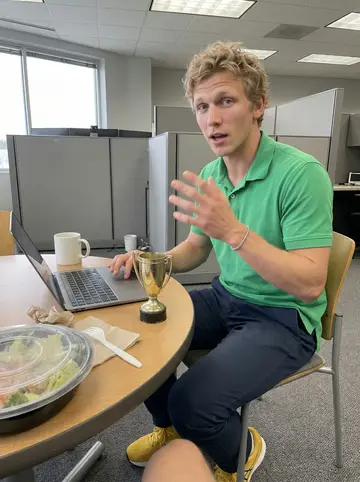 Riley, AI character: the small break table at the payroll software office in Charlotte, laptop open beside a takeout salad and…