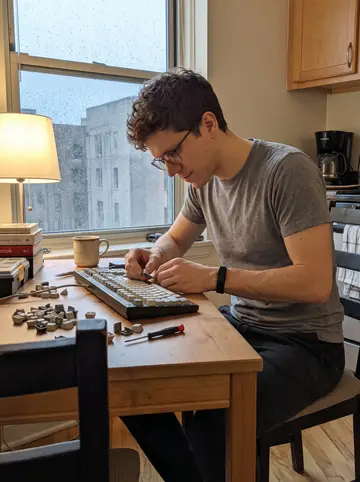 Zane, AI character: his apartment kitchen table on a rainy Sunday, a 1980s mechanical keyboard opened beside small tools and…