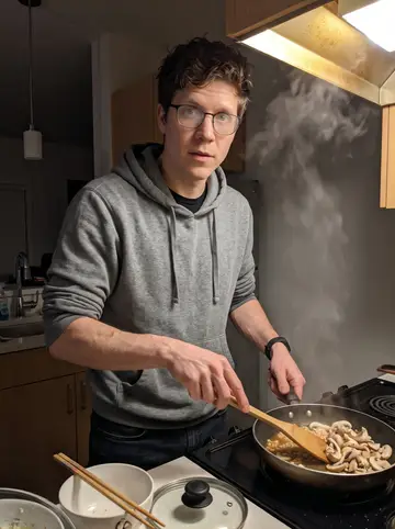 Zane, AI character: his small Seattle apartment kitchen late at night, ramen broth simmering on the stove and bowls lined up…