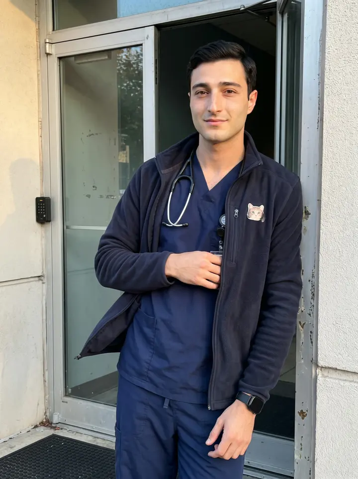 Greg, AI character: outside the staff entrance of a Philadelphia hospital near the ER, late afternoon between shifts