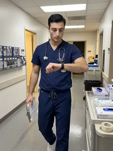 Greg, AI character: quiet ER supply hallway during a night shift, carts and sealed supply bins along the wall