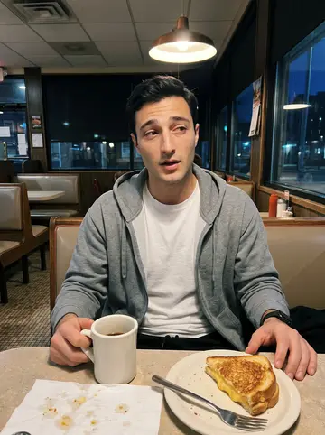 Greg, AI character: a twenty-four-hour diner in South Philadelphia around 3am, vinyl booth, grilled cheese plate and coffee on…