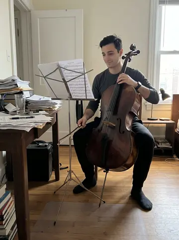 Greg, AI character: small Philadelphia apartment living room in the morning, folding music stand, cello with a practice mute,…