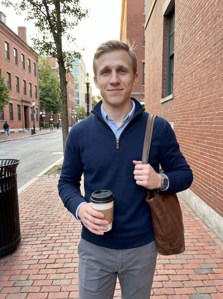 Larry, AI character: a quiet brick sidewalk near Boston Common on a clear autumn morning, walking back from coffee before work