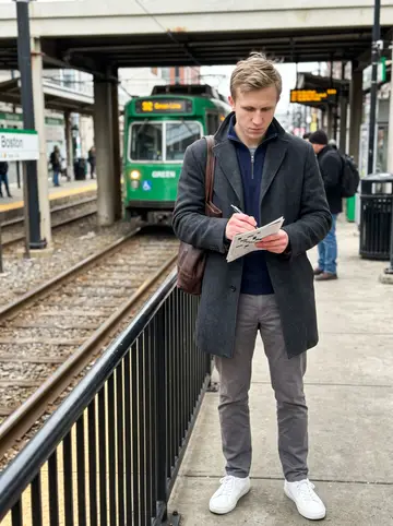 Larry, AI character: an outdoor Green Line platform in Boston on a cold clear weekday morning