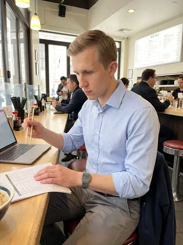 Larry, AI character: a crowded lunch counter near the Financial District, laptop half-open beside a bowl of ramen