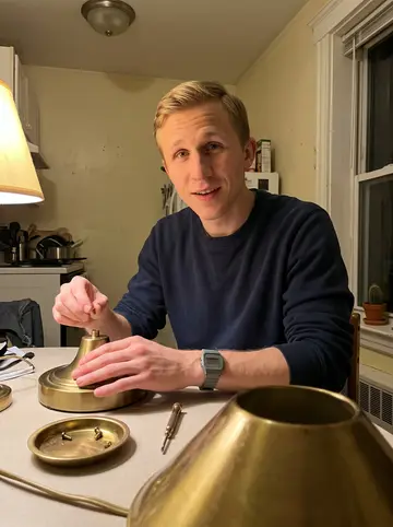 Larry, AI character: his small rented Boston apartment at night, a secondhand mid-century desk lamp taken apart on the kitchen…