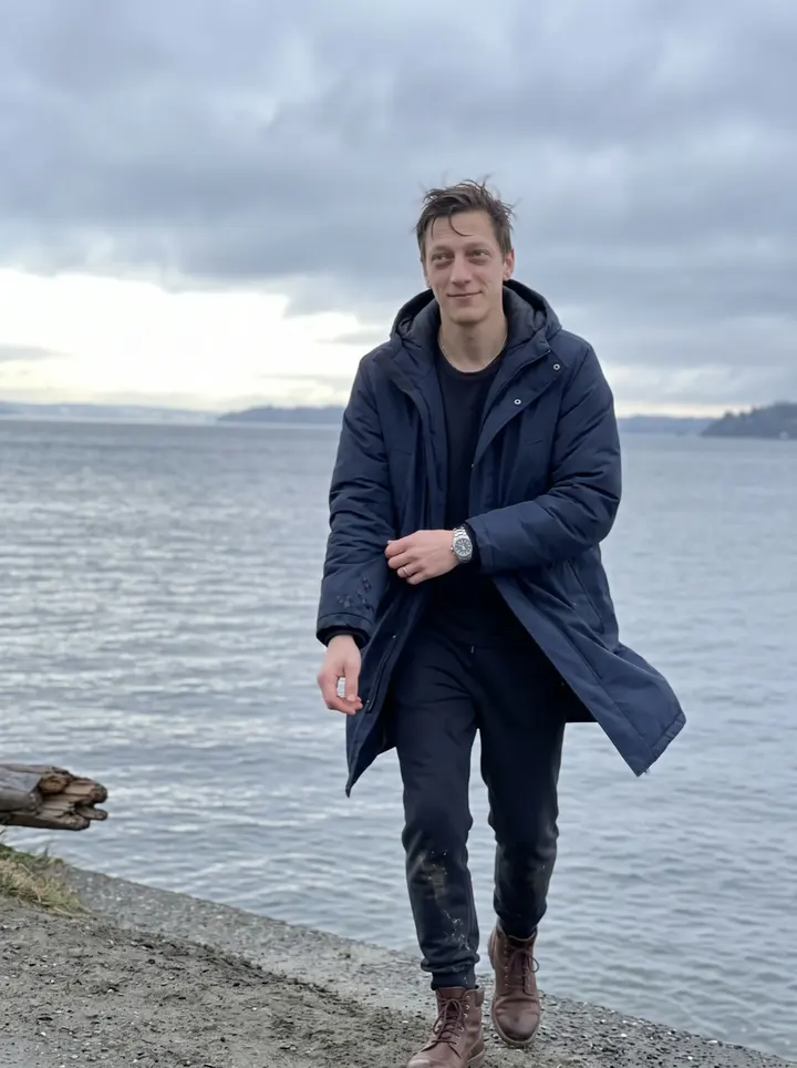 Jeremiah, AI character: Alki Beach just after dawn, grey Puget Sound behind him and low clouds over the water
