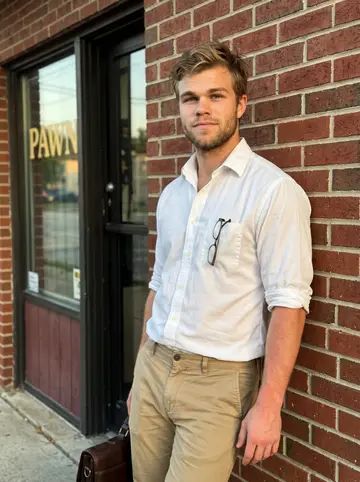 Jarrett, AI character: outside the pawnshop building in Houston where his new office is upstairs, leaning against the brick wall…