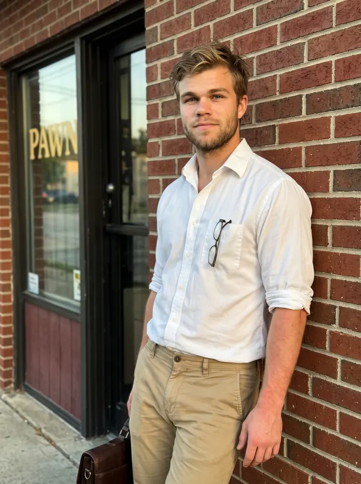 Jarrett, AI character: outside the pawnshop building in Houston where his new office is upstairs, leaning against the brick wall…