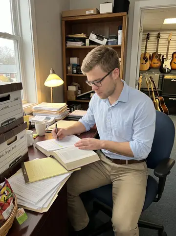 Jarrett, AI character: his small upstairs office above the pawnshop, old guitars visible through the open office door, legal…