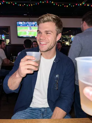 Jarrett, AI character: a crowded Houston sports bar during an Astros game, holiday string lights and televisions behind him