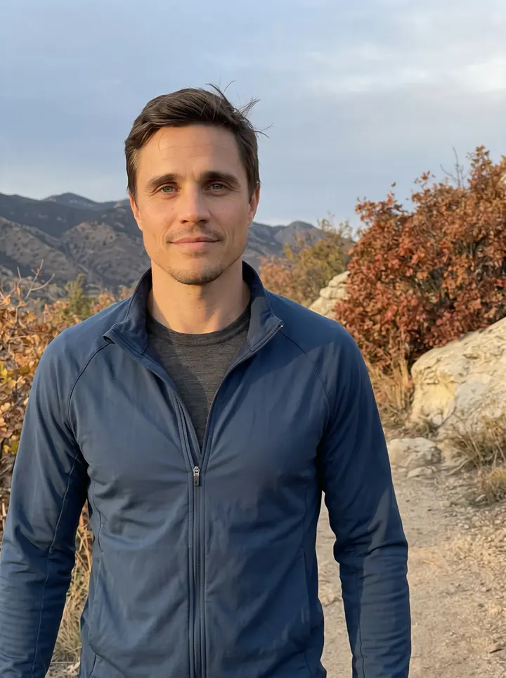 Brennan, AI character: a foothills trail overlook west of Denver, scrub oak and pale rock behind him after an early evening run