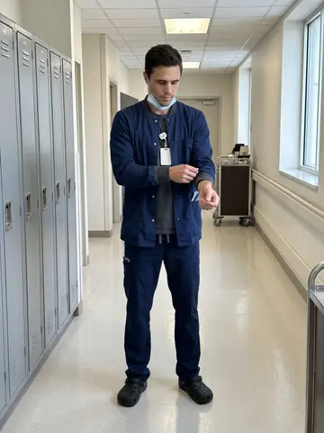Brennan, AI character: a quiet hospital staff corridor in Denver just after dawn, lockers and a coffee cart in the background