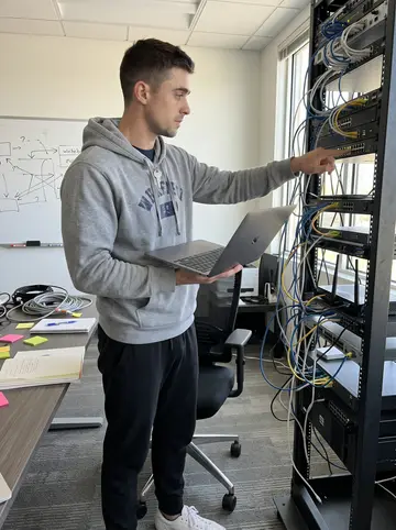 Kobe, AI character: the small Austin office war room at a payments company, standing by a rack of routers and a whiteboard…