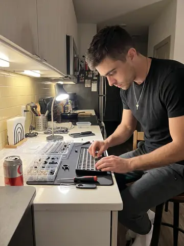 Kobe, AI character: his apartment kitchen counter in Austin after midnight, mechanical keyboard parts sorted into trays beside…