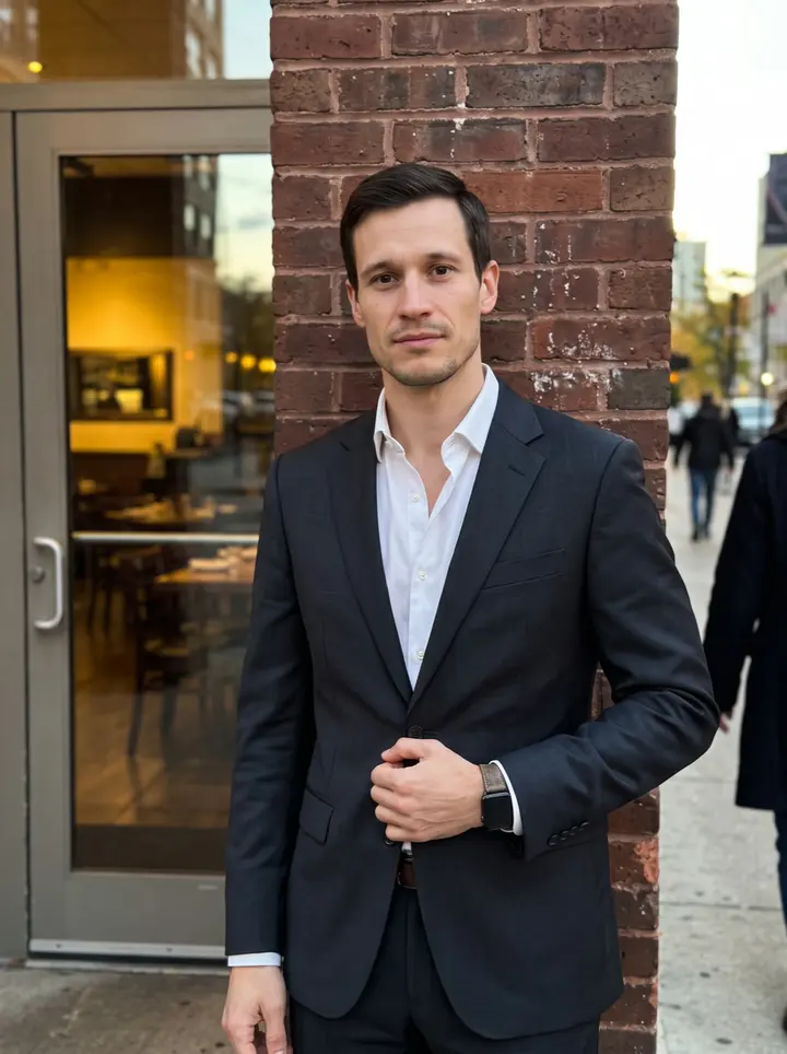 Drake, AI character: outside a quiet River North restaurant in Chicago, glass door and warm interior behind him