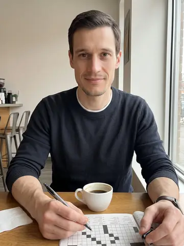 Drake, AI character: small coffee shop near his apartment, Sunday crossword and black coffee on the table