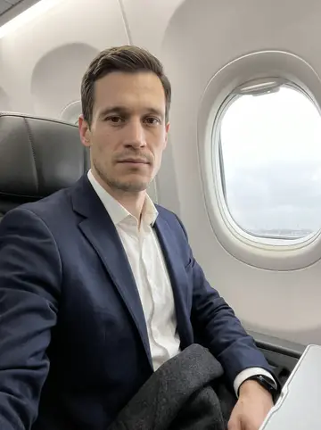 Drake, AI character: window seat on an early flight out of O'Hare for a plant visit, gray clouds outside