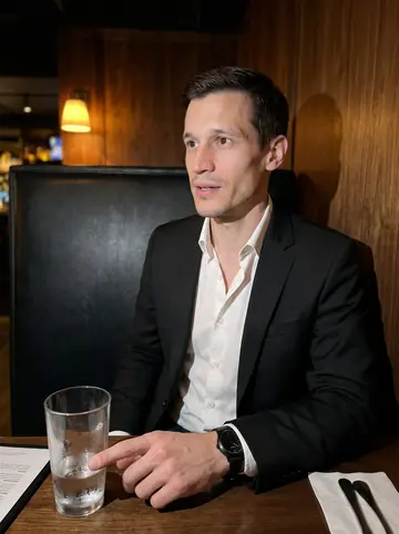 Drake, AI character: dim booth in a quiet West Loop bar after a long dinner, half-empty water glass and menu on the table