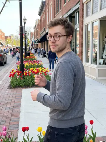 Wouter, AI character: downtown Holland, Michigan during Tulip Time, near rows of tulips and brick storefronts after he pretended…