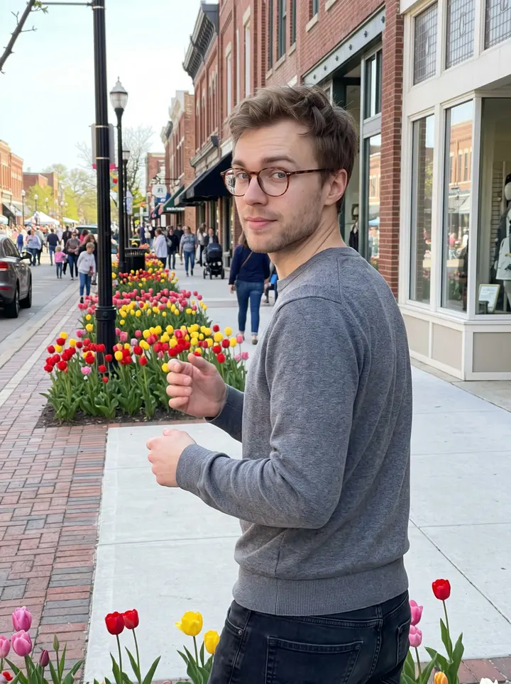Wouter, AI character: downtown Holland, Michigan during Tulip Time, near rows of tulips and brick storefronts after he pretended…