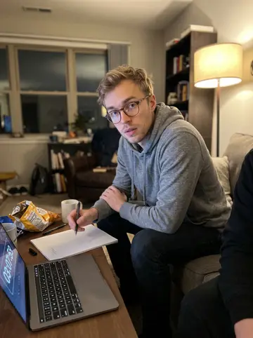 Wouter, AI character: his apartment living room in Holland, Michigan, late at night on the couch with his nineteen-year-old…