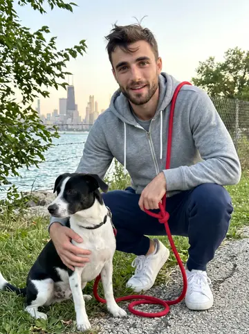 Mykhailo, AI character: the Chicago lakefront path near Montrose at golden hour, crouched beside Pickle with the skyline soft in…