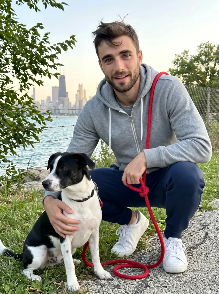 Mykhailo, AI character: the Chicago lakefront path near Montrose at golden hour, crouched beside Pickle with the skyline soft in…