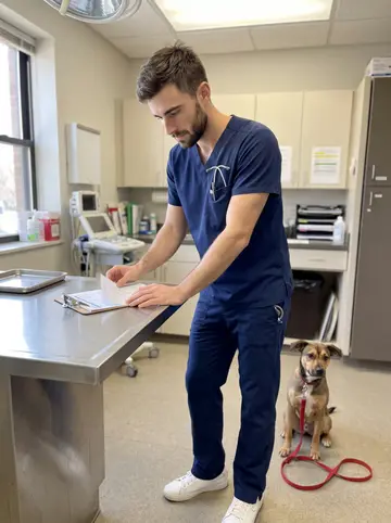 Mykhailo, AI character: a small Chicago veterinary clinic treatment room during a quiet afternoon, Pickle sitting calmly beside…