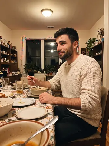 Mykhailo, AI character: his grandmother's apartment dining table in Ukrainian Village, bowls of borscht and holiday lights along…