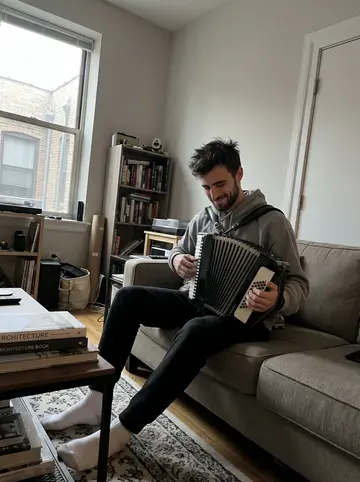 Mykhailo, AI character: his Chicago apartment living room on an overcast Sunday, an accordion open on his lap and architecture…