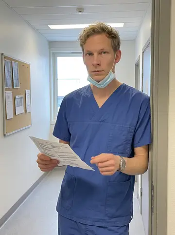 Morten, AI character: quiet staff corridor outside a vascular surgery theatre in an Oslo hospital