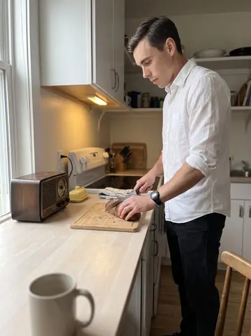 Jarosław, AI character: his Avondale apartment kitchen on a quiet Sunday morning, his grandmother's old radio on the counter…