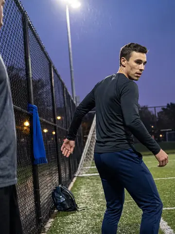 Jarosław, AI character: a damp five-a-side football pitch near Humboldt Park at dusk, chain-link fence and park lights behind him