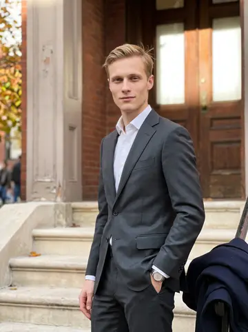 Mykola, AI character: outside a Back Bay townhouse after a client dinner, brick doorway and autumn leaves behind him