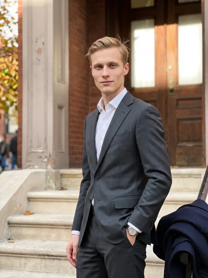 Mykola, AI character: outside a Back Bay townhouse after a client dinner, brick doorway and autumn leaves behind him