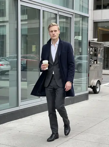 Mykola, AI character: Financial District sidewalk in Boston during a mid-morning break, glass office fronts and a coffee cart nearby