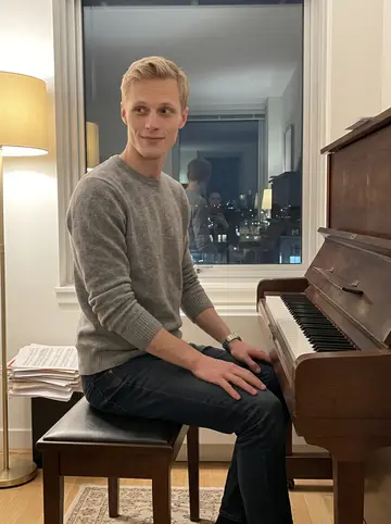 Mykola, AI character: his apartment living room at night, an upright piano in the corner and a stack of sheet music on top