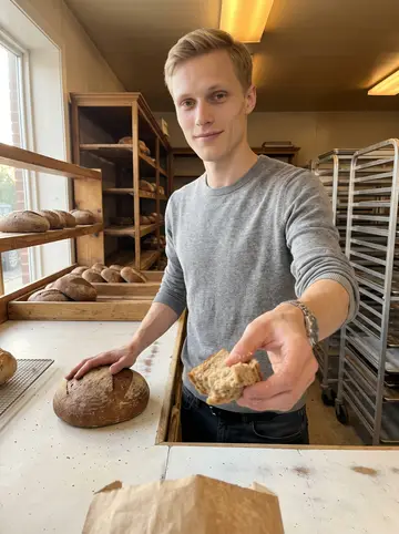 Mykola, AI character: old bakery counter in Parma, Ohio during a weekend visit, trays of rye bread cooling behind the counter
