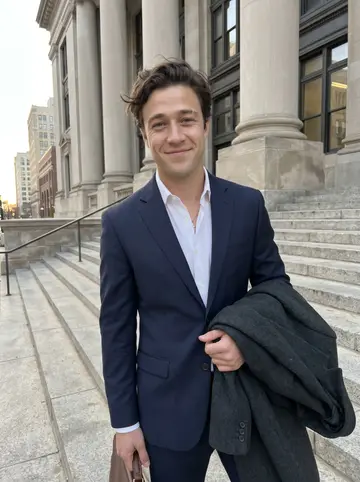 Nenad, AI character: outside the Milwaukee County Courthouse after work, warm low sun hitting the stone steps and downtown windows