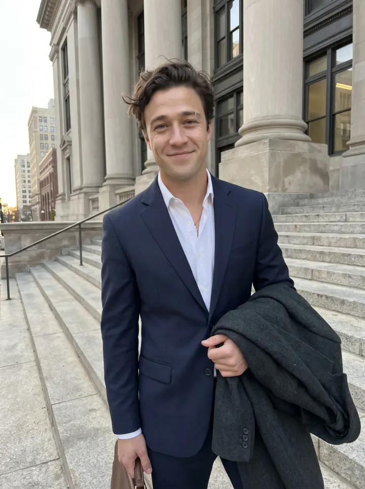 Nenad, AI character: outside the Milwaukee County Courthouse after work, warm low sun hitting the stone steps and downtown windows